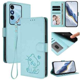 For Itel P38 / S17 / Vision 3 Embossed Heart Cat Leather Phone Case with Hand Strap(Mint Green)