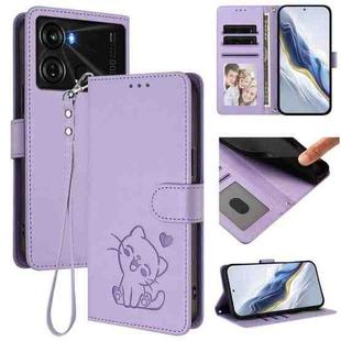 For Itel P40 Embossed Heart Cat Leather Phone Case with Hand Strap(Light Purple)