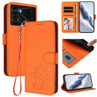 For Itel P40 Embossed Heart Cat Leather Phone Case with Hand Strap(Orange)
