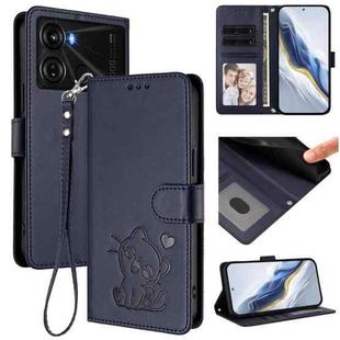 For Itel P40 Embossed Heart Cat Leather Phone Case with Hand Strap(Blue)