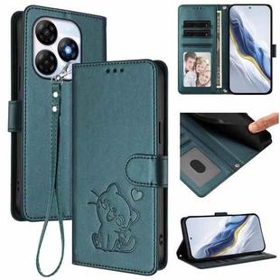 For Itel P55 4G / Smart 8 Embossed Heart Cat Leather Phone Case with Hand Strap(Dark Green)