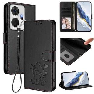 For Itel P55+ Embossed Heart Cat Leather Phone Case with Hand Strap(Black)