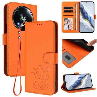 For Itel RS4 / S666LN Embossed Heart Cat Leather Phone Case with Hand Strap(Orange)