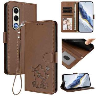 For Itel S25 4G Embossed Heart Cat Leather Phone Case with Hand Strap(Brown)
