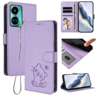 For Tecno Camon 19 / 19 Pro 5G Embossed Heart Cat Leather Phone Case with Hand Strap(Light Purple)