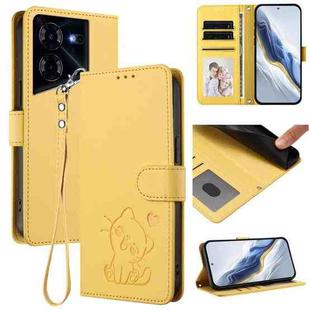 For Tecno Pova 5 Pro Embossed Heart Cat Leather Phone Case with Hand Strap(Yellow)