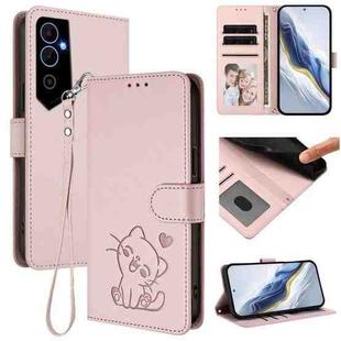 For Tecno Pova Neo 2 Embossed Heart Cat Leather Phone Case with Hand Strap(Pink)