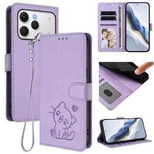 For Tecno Spark 40 4G Embossed Heart Cat Leather Phone Case with Hand Strap(Light Purple)