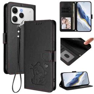For Tecno Spark 40 4G Embossed Heart Cat Leather Phone Case with Hand Strap(Black)