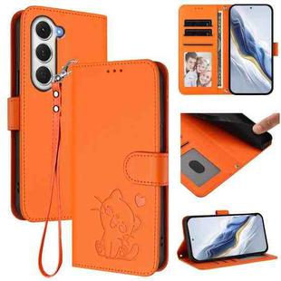 For Tecno Spark 40 Pro 4G Embossed Heart Cat Leather Phone Case with Hand Strap(Orange)
