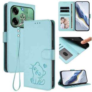 For Tecno Pova 6 4G Embossed Heart Cat Leather Phone Case with Hand Strap(Mint Green)