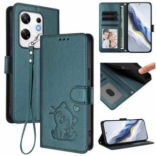 For Infinix Zero 30 4G Embossed Heart Cat Leather Phone Case with Hand Strap(Dark Green)
