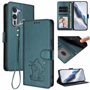 For Fujitsu Arrows Alpha F-51F Embossed Heart Cat Leather Phone Case with Strap(Dark Green)