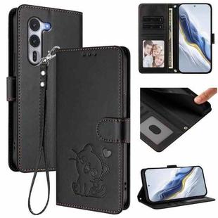 For Fujitsu Arrows Alpha F-51F Embossed Heart Cat Leather Phone Case with Strap(Black)