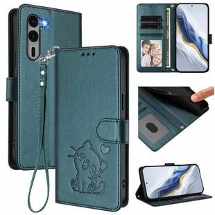 For Fujitsu Arrows We2 Plus Embossed Heart Cat Leather Phone Case with Strap(Dark Green)