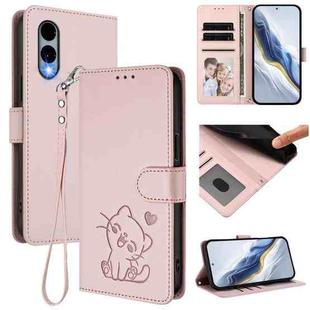 For Fujitsu Arrows We2 Embossed Heart Cat Leather Phone Case with Strap(Pink)