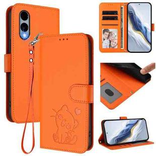 For Fujitsu Arrows We2 Embossed Heart Cat Leather Phone Case with Strap(Orange)