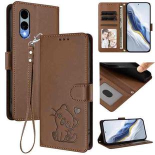 For Fujitsu Arrows We2 Embossed Heart Cat Leather Phone Case with Strap(Brown)
