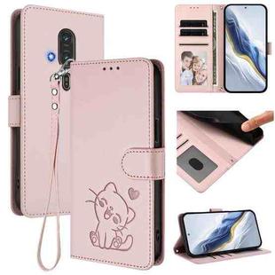 For Fujitsu FCNT RakuRaku F-53E Embossed Heart Cat Leather Phone Case with Strap(Pink)