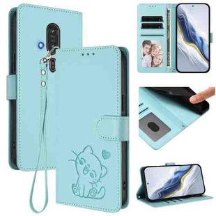 For Fujitsu FCNT RakuRaku F-53E Embossed Heart Cat Leather Phone Case with Strap(Mint Green)