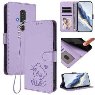 For Fujitsu FCNT RakuRaku F-53E Embossed Heart Cat Leather Phone Case with Strap(Light Purple)