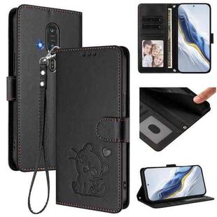 For Fujitsu FCNT RakuRaku F-53E Embossed Heart Cat Leather Phone Case with Strap(Black)