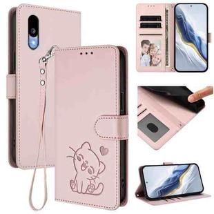 For Sharp Basio Active3 Embossed Heart Cat Leather Phone Case with Strap(Pink)