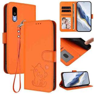 For Sharp Basio Active3 Embossed Heart Cat Leather Phone Case with Strap(Orange)