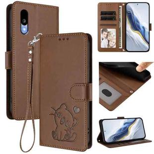 For Sharp Basio Active3 Embossed Heart Cat Leather Phone Case with Strap(Brown)