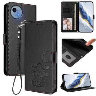 For Sharp Aquos wish5 Embossed Heart Cat Leather Phone Case with Strap(Black)