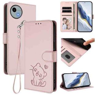 For Sharp Aquos wish4 Embossed Heart Cat Leather Phone Case with Strap(Pink)