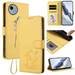For Sharp Aquos wish4 Embossed Heart Cat Leather Phone Case with Strap(Yellow)