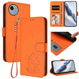 For Sharp Aquos wish4 Embossed Heart Cat Leather Phone Case with Strap(Orange)