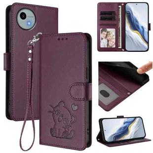 For Sharp Aquos wish4 Embossed Heart Cat Leather Phone Case with Strap(Dark Purple)
