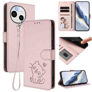 For Sharp Aquos Sense9 Embossed Heart Cat Leather Phone Case with Strap(Pink)
