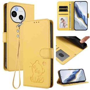 For Sharp Aquos Sense9 Embossed Heart Cat Leather Phone Case with Strap(Yellow)