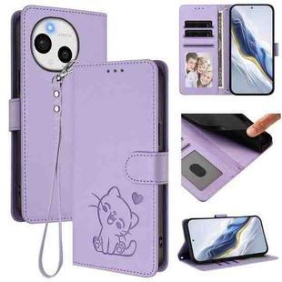 For Sharp Aquos Sense9 Plus Embossed Heart Cat Leather Phone Case with Strap(Light Purple)