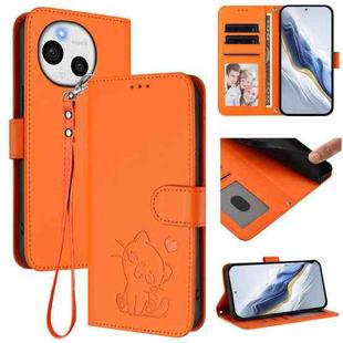 For Sharp Aquos Sense9 Plus Embossed Heart Cat Leather Phone Case with Strap(Orange)