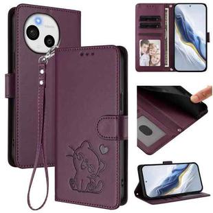 For Sharp Aquos Sense9 Plus Embossed Heart Cat Leather Phone Case with Strap(Dark Purple)