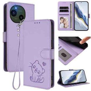 For Sharp Aquos R10 Embossed Heart Cat Leather Phone Case with Strap(Light Purple)