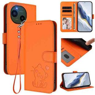 For Sharp Aquos R10 Embossed Heart Cat Leather Phone Case with Strap(Orange)