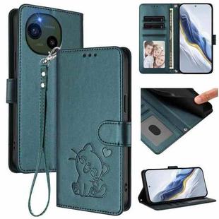 For Sharp Aquos R10 Embossed Heart Cat Leather Phone Case with Strap(Dark Green)