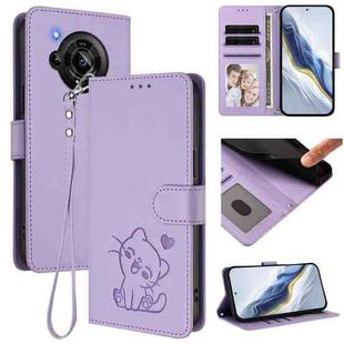 For Sharp Aquos R7 Embossed Heart Cat Leather Phone Case with Strap(Light Purple)