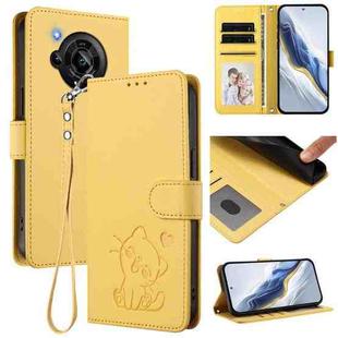 For Sharp Aquos R7 Embossed Heart Cat Leather Phone Case with Strap(Yellow)