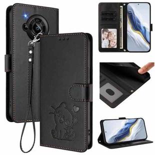 For Sharp Aquos R7 Embossed Heart Cat Leather Phone Case with Strap(Black)