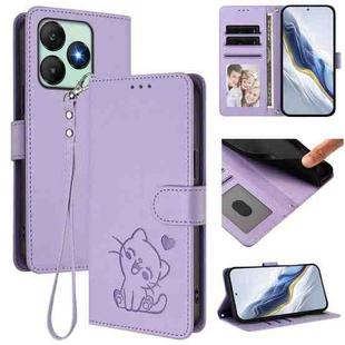 For Wiko T20 Embossed Heart Cat Leather Phone Case with Hand Strap(Light Purple)