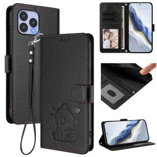For Wiko T60 / Cubot P80 Embossed Heart Cat Leather Phone Case with Strap(Black)