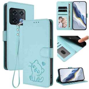 For OnePlus 10 Pro 5G Embossed Heart Cat Leather Phone Case with Hand Strap(Mint Green)