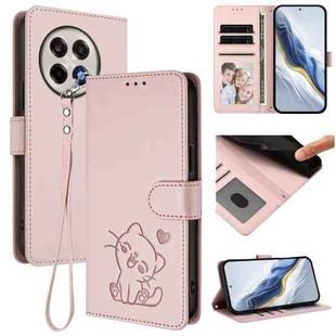 For OnePlus 13R / Ace 5 Pro / Ace 5 Embossed Heart Cat Leather Phone Case with Hand Strap(Pink)
