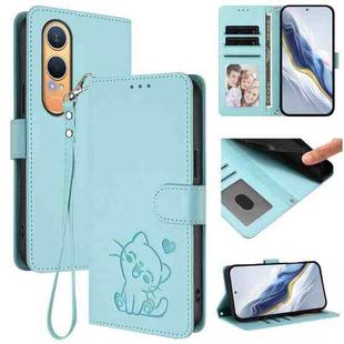 For OnePlus Nord CE4 Lite 5G Embossed Heart Cat Leather Phone Case with Hand Strap(Mint Green)